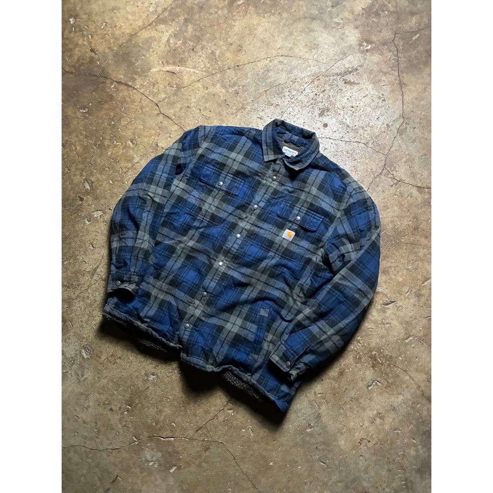Carhartt Mens XL Blue Grey Plaid Sherpa Lined Flannel Shirt Jacket Relaxed Fit - Picture 2 of 6